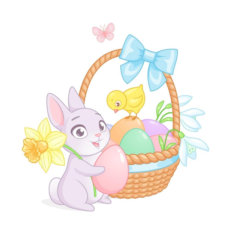 coelhinho fofo e pinto com uma cesta cheia de ovos e flores. ilustração vetorial dos desenhos animados no fundo branco para o cartão de Páscoa. vetor