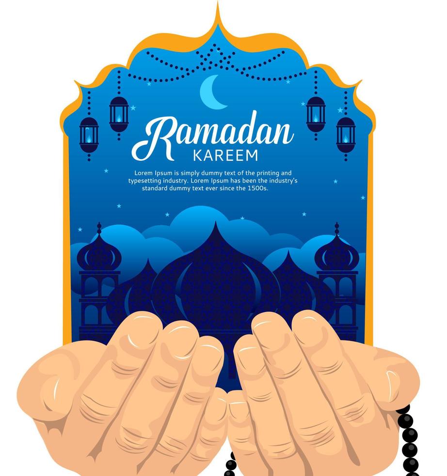 uma poster para Ramadã kareem com uma mão segurando uma oração miçangas vetor