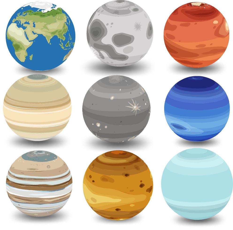 conjunto de planetas diferentes em fundo branco vetor