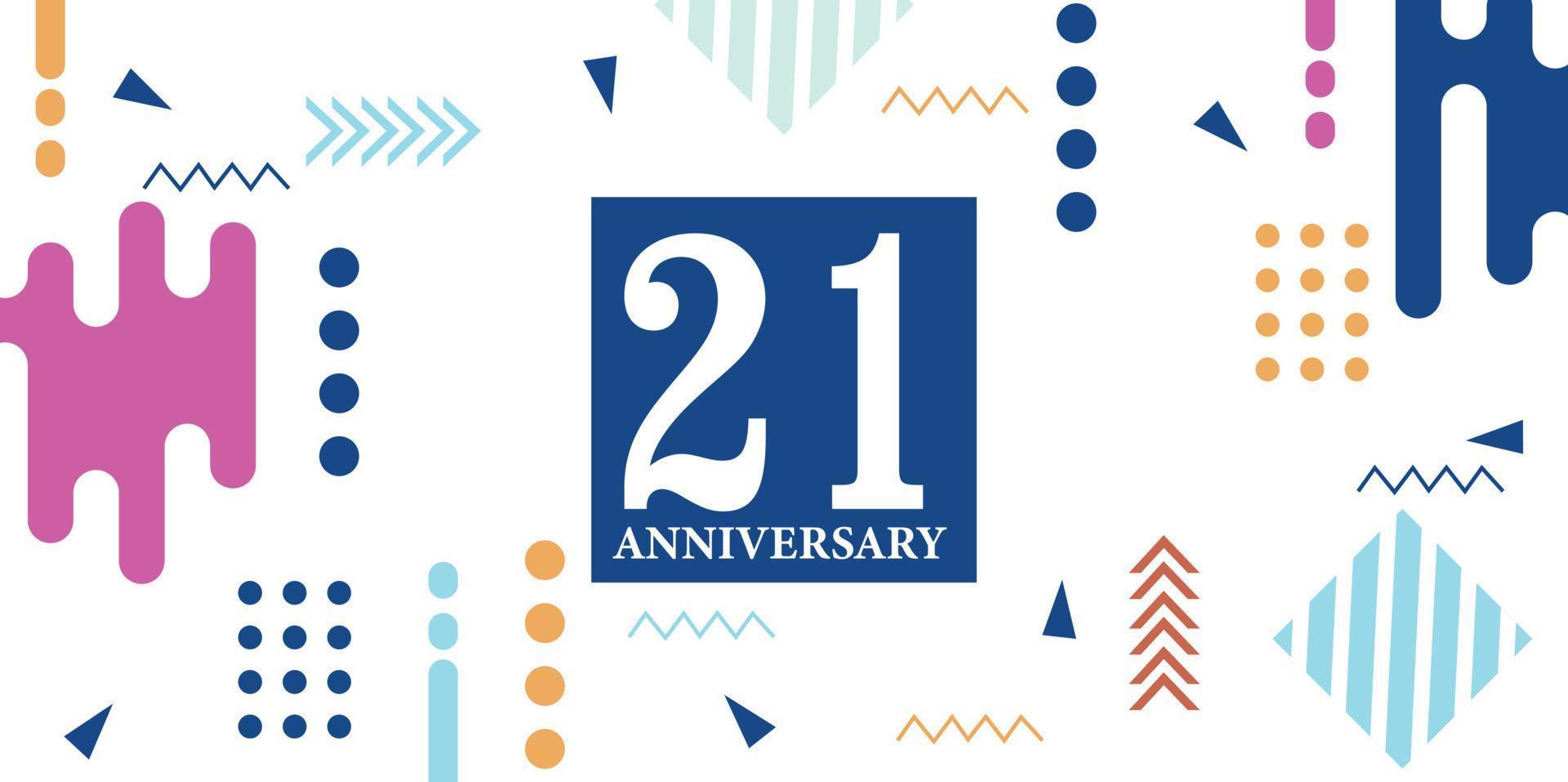 21 anos aniversário celebração logótipo branco números Fonte dentro azul forma com colorida abstrato Projeto em branco fundo vetor ilustração