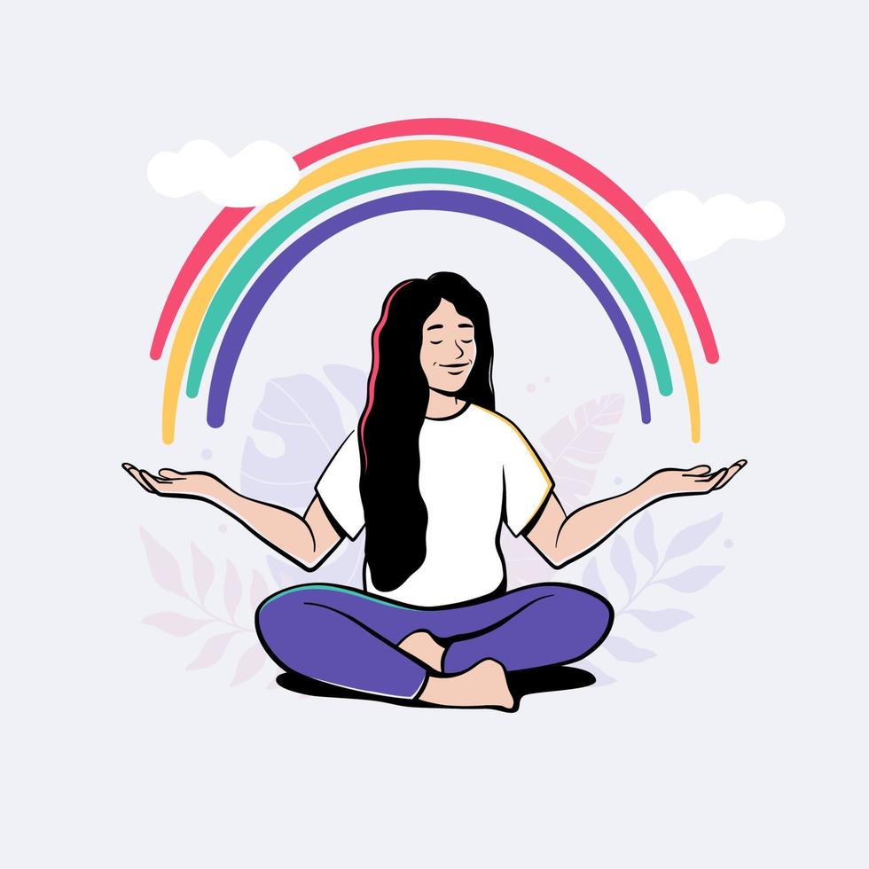 menina com arco-íris, jovem mulher meditando. relaxamento, calma, psicologia vetor desenhando dentro uma desenho animado, quadrinho estilo