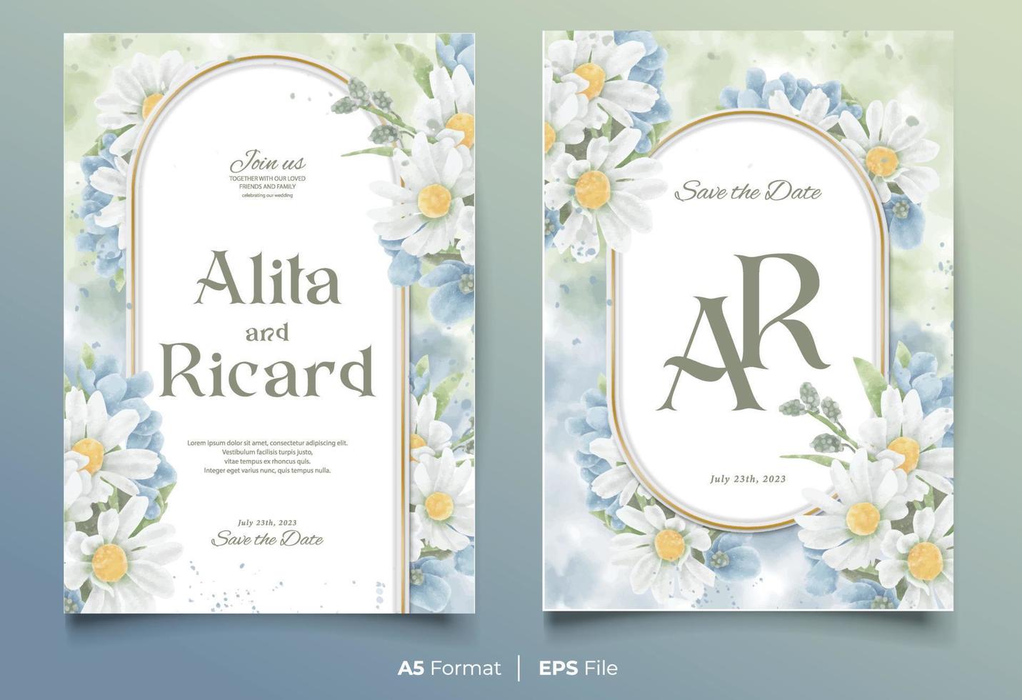 aguarela Casamento convite cartão modelo com branco e azul flor enfeite vetor