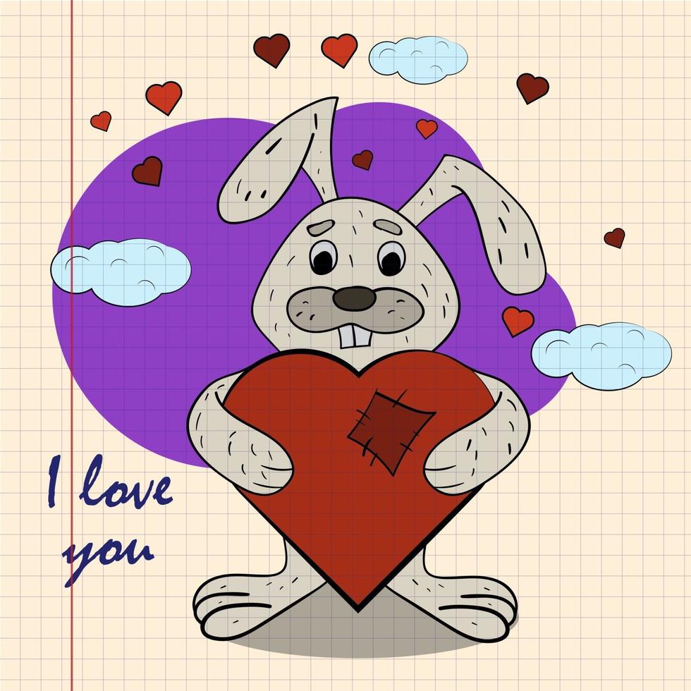 ilustração colorida para crianças com coelhinho abraçando o coração com eu te amo vetor