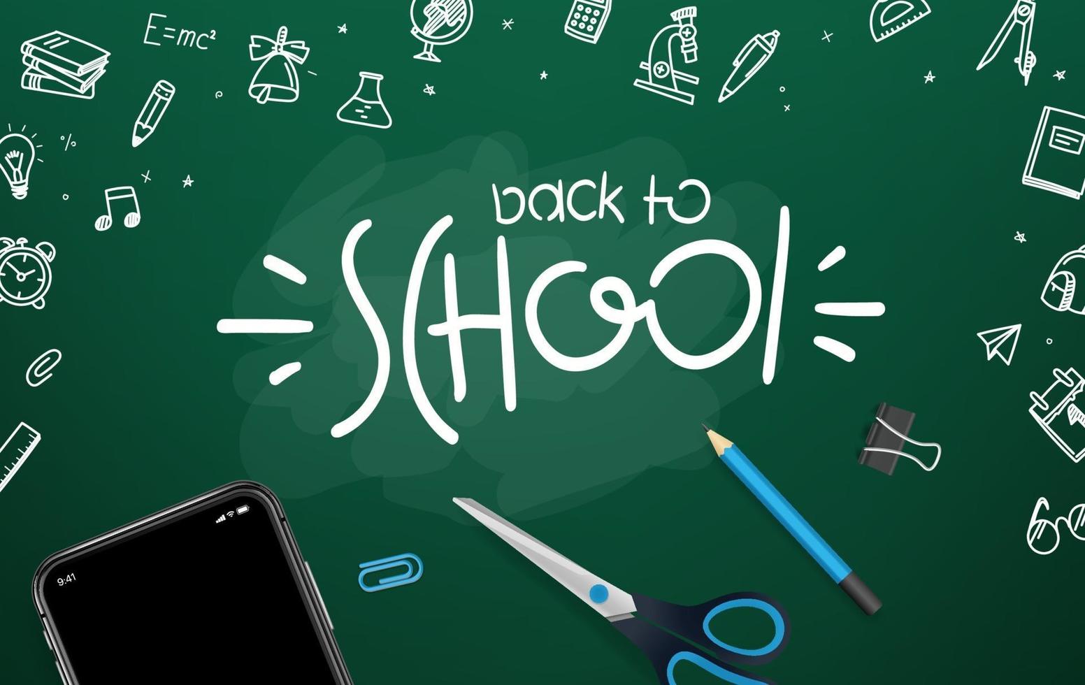 quadro-negro da escola com diferentes objetos e logotipo da rotulação. bem-vindo de volta ao cartão escolar do vetor