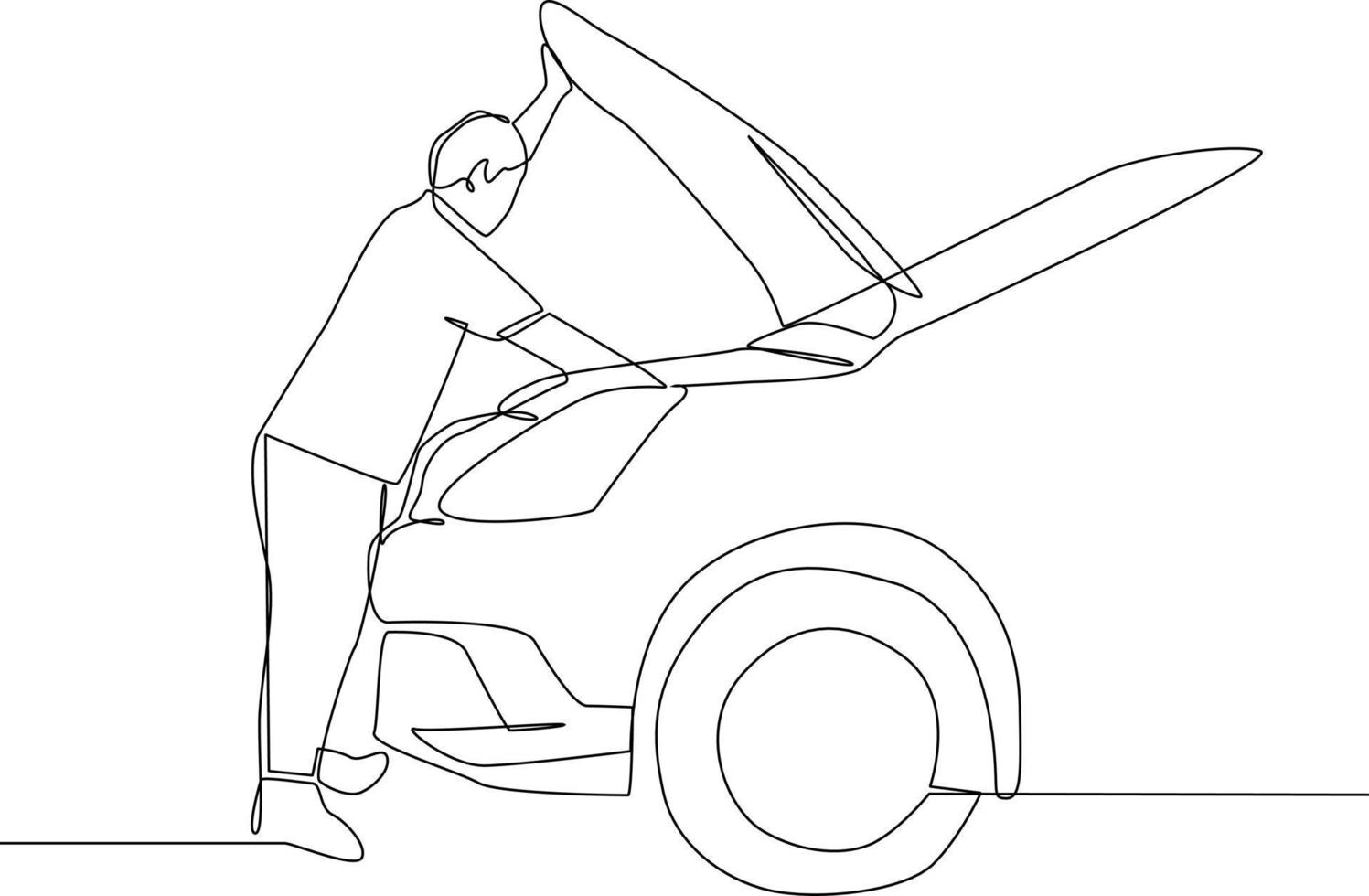 contínuo uma linha desenhando homem faz por mês manutenção dentro a garagem. auto serviço conceito. solteiro linha desenhando Projeto gráfico vetor ilustração