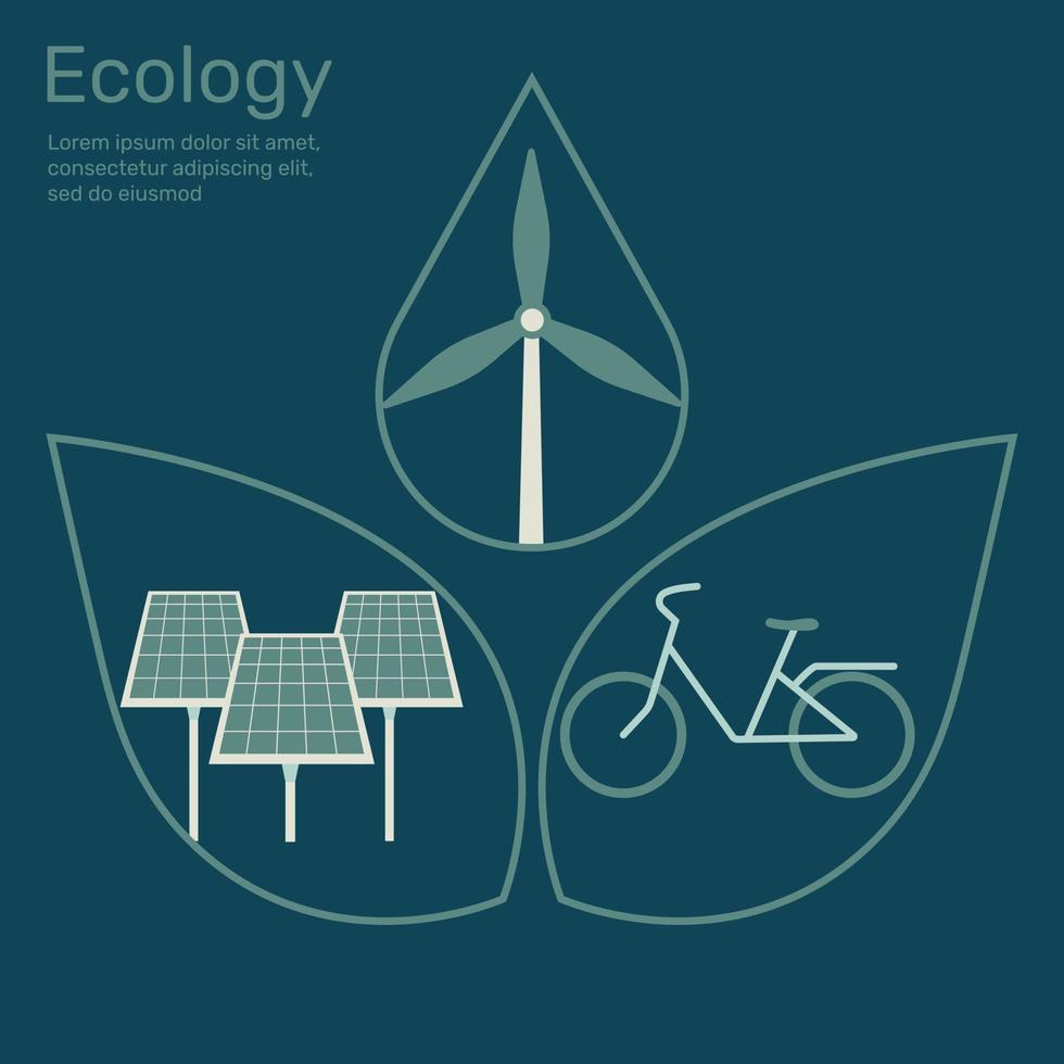 vento turbina dentro Pingo D'água forma, solar célula, bicicleta dentro folha, vida ecologia conceito natureza conservação. vetor Projeto ilustração.