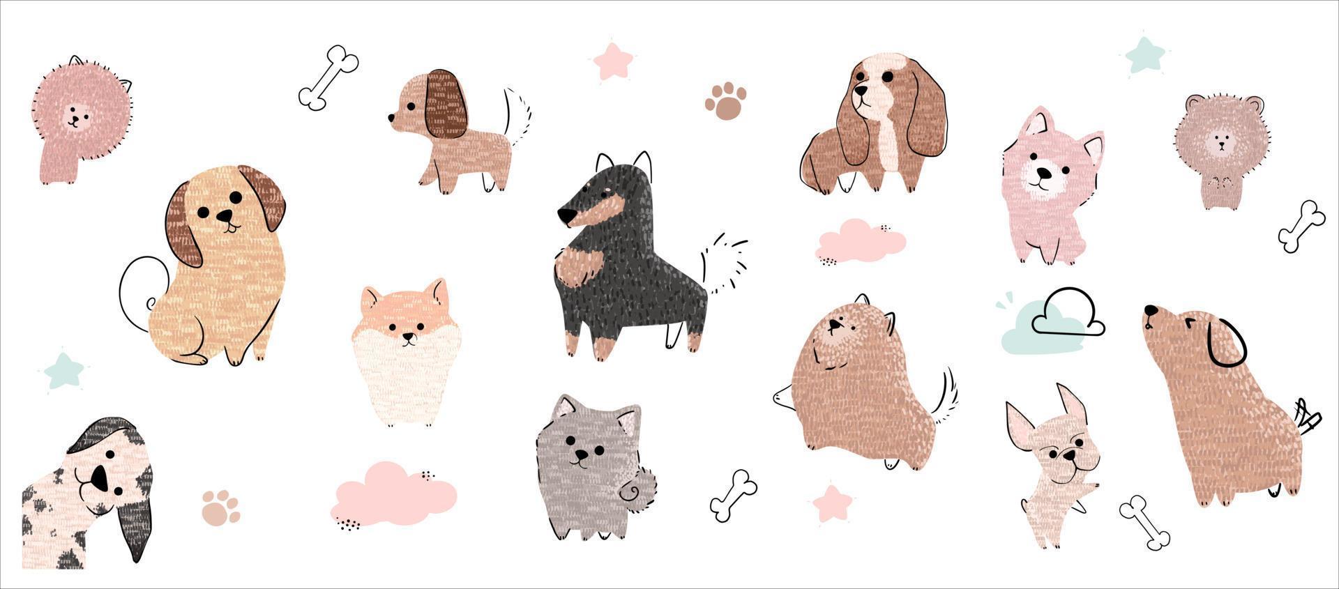 fofa cachorros vetor definir. desenho animado cachorro ou cachorro personagens Projeto coleção com plano cor dentro diferente poses. conjunto do engraçado animal animais isolado em branco fundo.