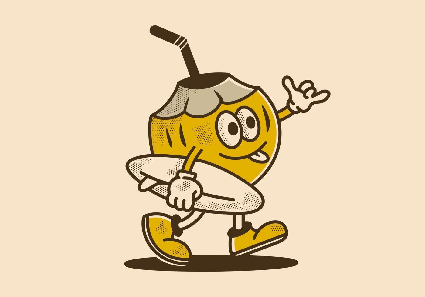 mascote personagem do caminhando coco segurando surfar borda vetor