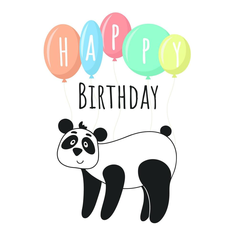 feliz aniversário cartão postal com panda e balões vetor