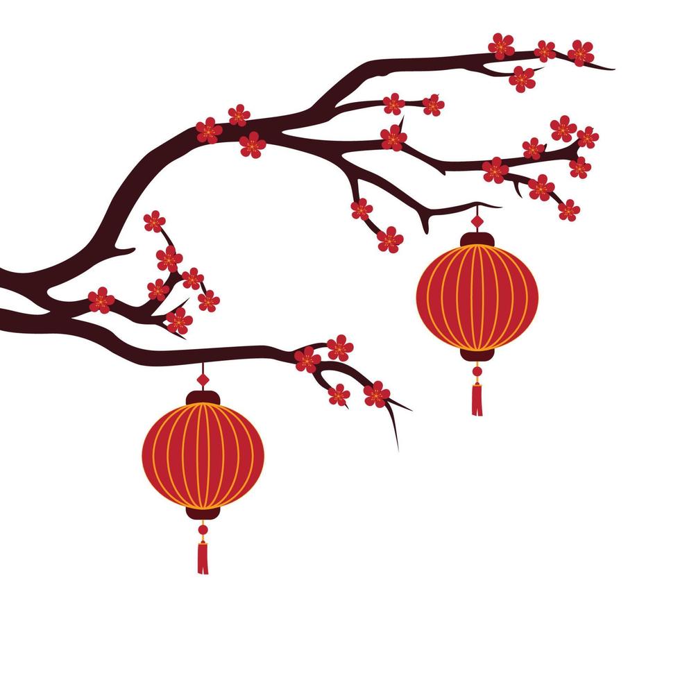 mão desenhado chinês lanterna Projeto com galhos e flores vetor