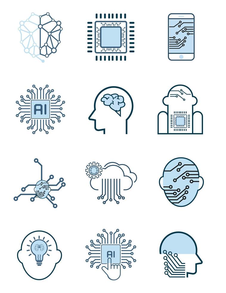 grupos do artificial inteligência ícones definir. coleção do Alto qualidade esboço rede pictogramas dentro moderno plano estilo vetor