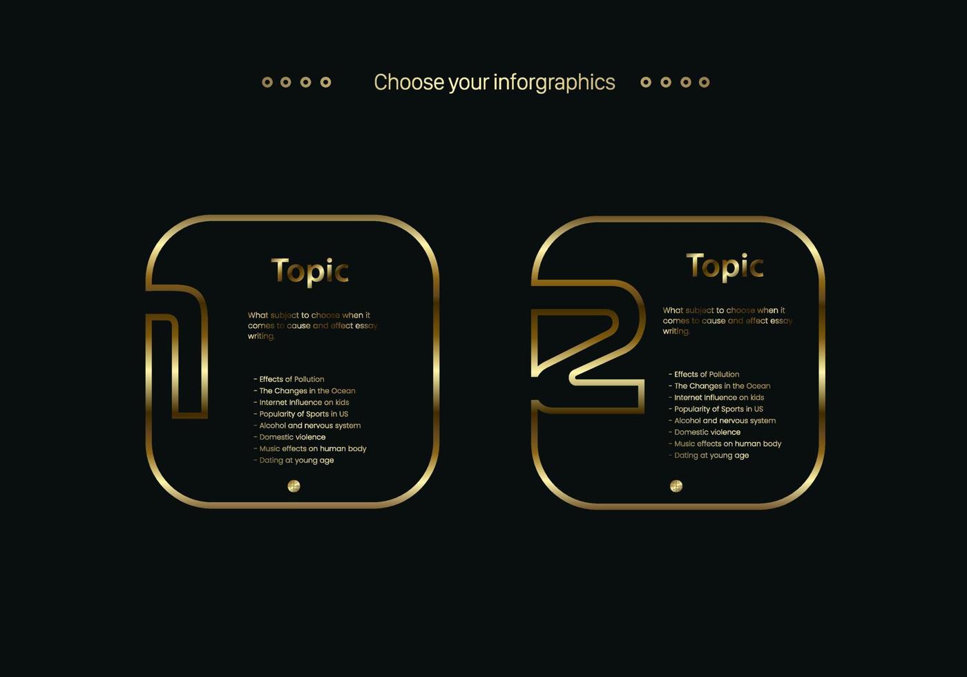 dois ouro cor painéis do infográfico, 2 luxo caixas linha multiuso infográfico botões Projeto modelo, com três opções e Prêmio dourado versão em uma Sombrio fundo vetor