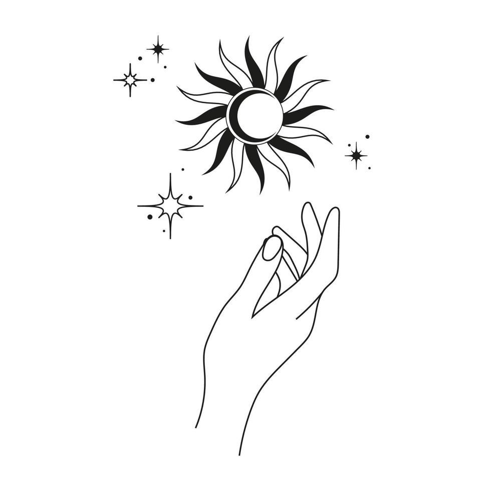 mão com sol, lua e estrelas. abstrato símbolo para cosméticos e embalagem, joia, logotipo, tatuagem. esotérico. linear estilo. vetor