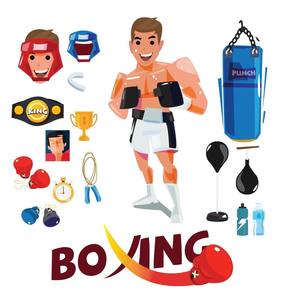 homem boxeador com ferramentas de treinamento e conjunto de equipamentos. vetor