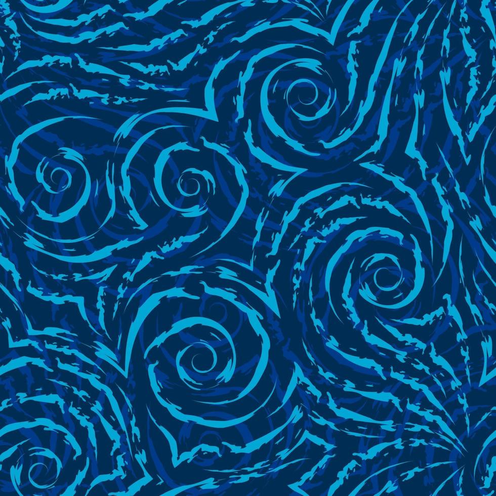 padrão sem emenda de vetor de espirais turquesas de linhas e cantos em um fundo azul. textura de formas fluidas e linhas com bordas rasgadas.