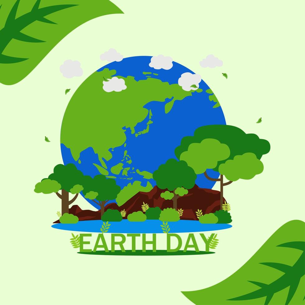 feliz terra dia. vetor ilustração do terra dia Projeto. Projeto para terra dia celebração ou de Meio Ambiente preocupações. verde mundo do natureza com árvore, plantar, grama, arbusto, folha e lago