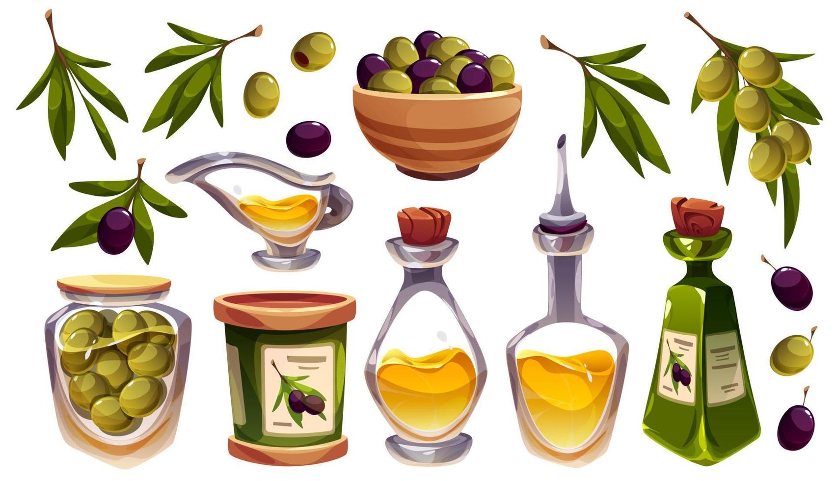 Comida ícones com Oliva, óleo dentro garrafas e folhas vetor