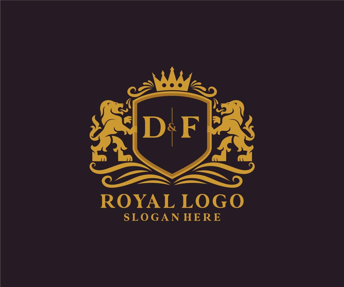 modelo de logotipo de luxo real de leão de letra df inicial em arte vetorial para restaurante, realeza, boutique, café, hotel, heráldica, joias, moda e outras ilustrações vetoriais. vetor