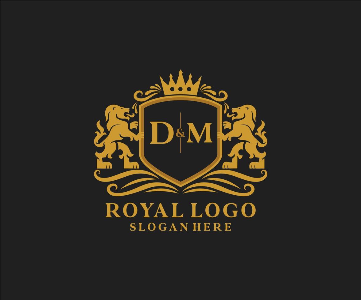 modelo de logotipo de luxo real de leão de letra dm inicial em arte vetorial para restaurante, realeza, boutique, café, hotel, heráldica, joias, moda e outras ilustrações vetoriais. vetor