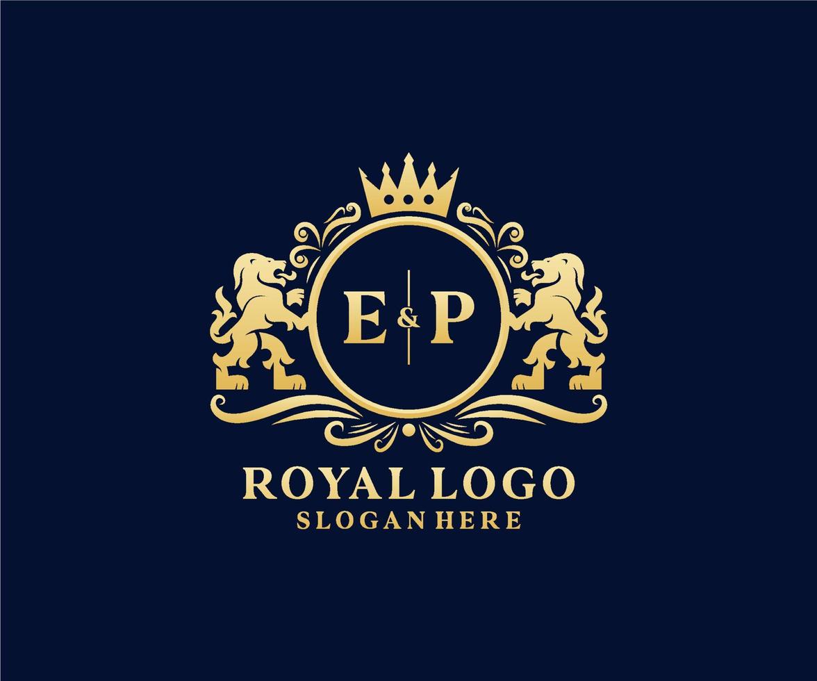 modelo de logotipo de luxo real de leão de carta inicial ep em arte vetorial para restaurante, realeza, boutique, café, hotel, heráldica, joias, moda e outras ilustrações vetoriais. vetor