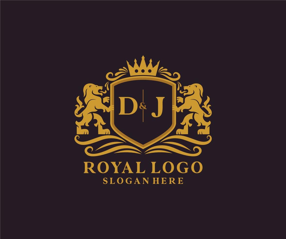 modelo de logotipo de luxo real de leão de letra inicial dj em arte vetorial para restaurante, realeza, boutique, café, hotel, heráldica, joias, moda e outras ilustrações vetoriais. vetor