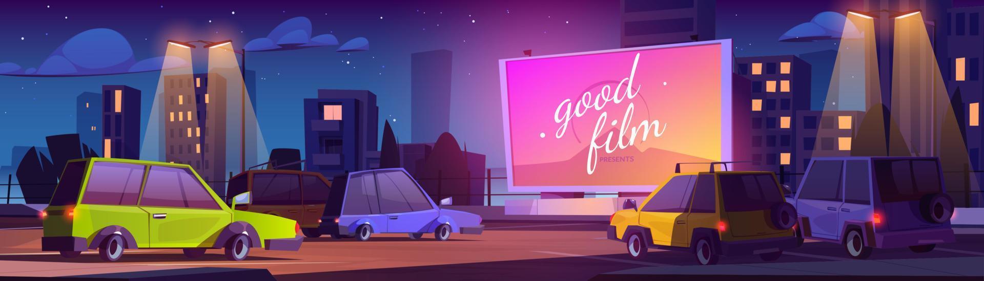 ao ar livre drive-in cinema tela em estacionamento às noite vetor