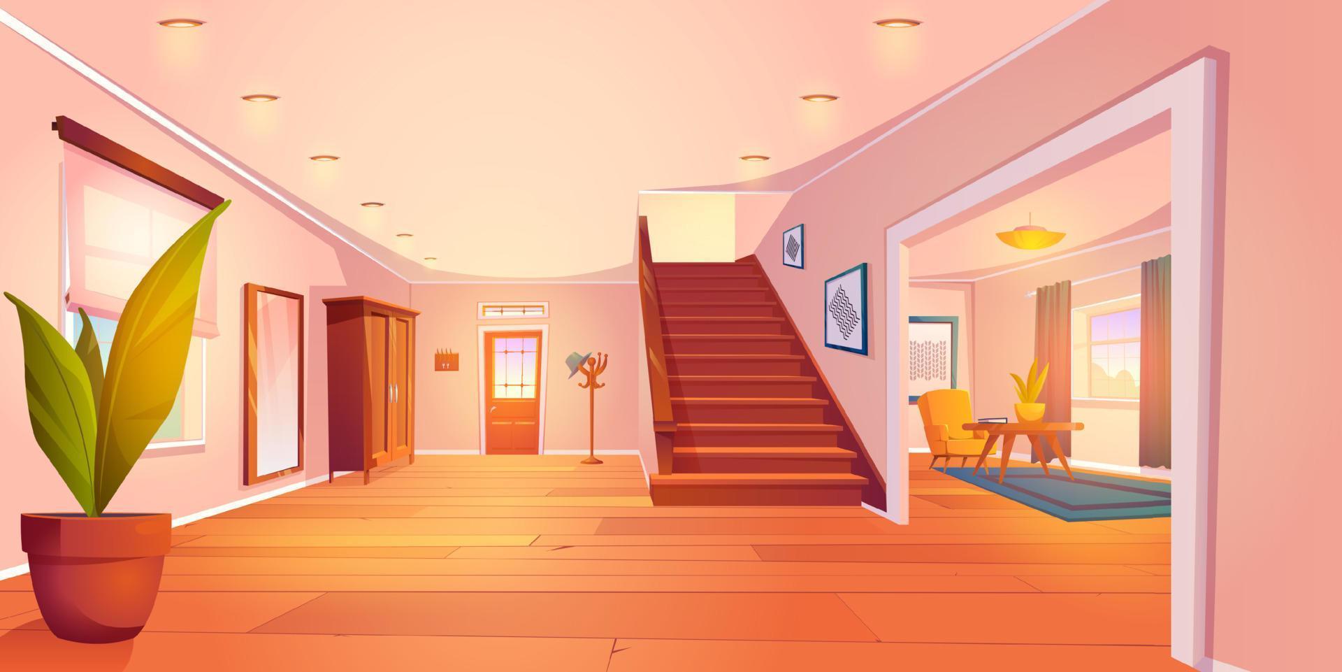 desenho animado casa corredor e vivo quarto interior vetor