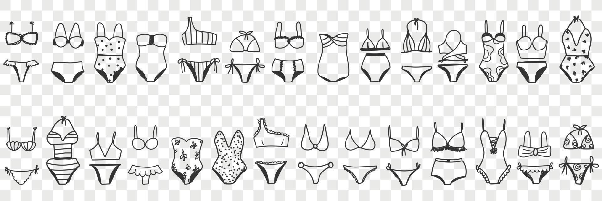 fêmea bikini roupa de banho rabisco definir. coleção do mão desenhado elegante casual moda praia bikini maiôs para vestindo em de praia para mulheres moda isolado em transparente fundo vetor