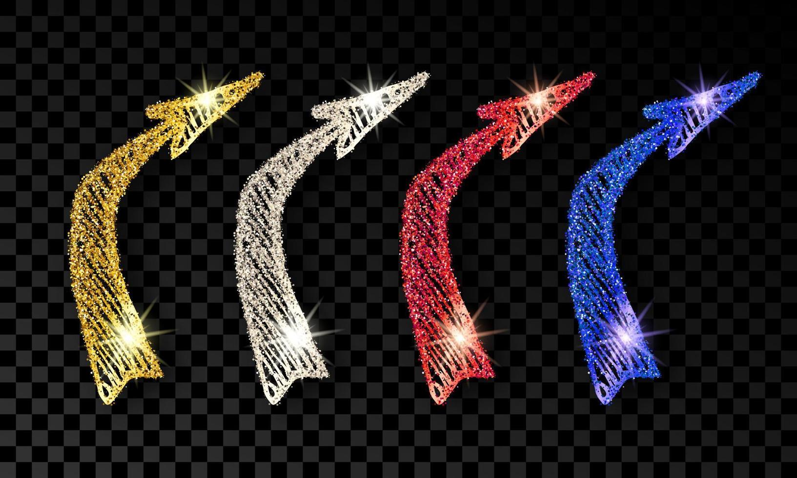 conjunto do quatro rabisco mão desenhado Setas; flechas com ouro, prata, azul e vermelho brilhar efeito em Sombrio fundo. vetor ilustração