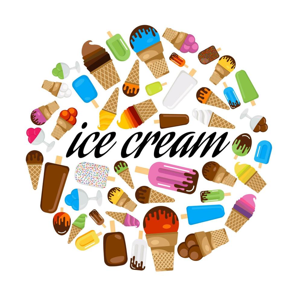 conjunto de sorvete colorido em círculo. sorvete de inscrição preta no centro. sorvete multicolorido isolado no fundo branco. ilustração vetorial vetor