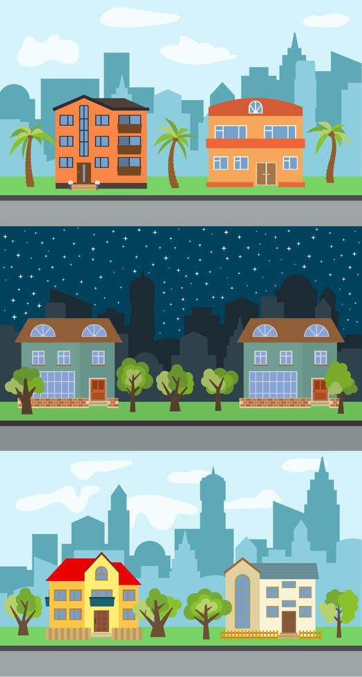 conjunto de três ilustrações vetoriais de rua da cidade com casas de desenhos animados e árvores. paisagem urbana de verão. vista da rua com paisagem urbana em um fundo vetor