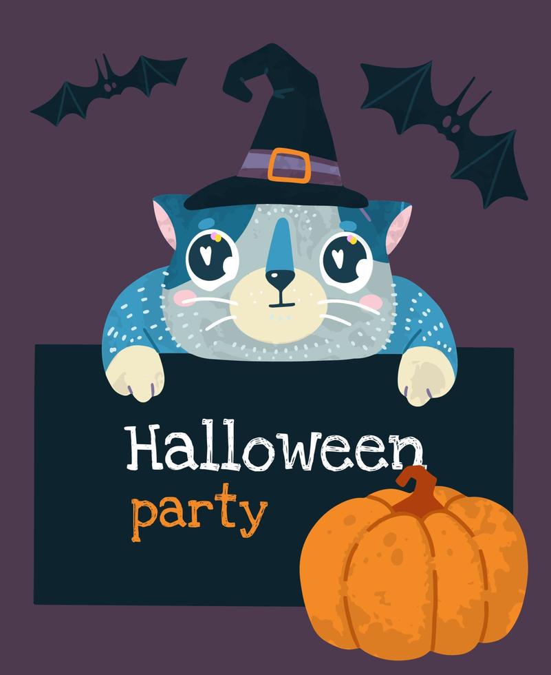 helloween vetor estoque ilustração com fofa gato dentro uma bruxa chapéu, morcegos e abóbora