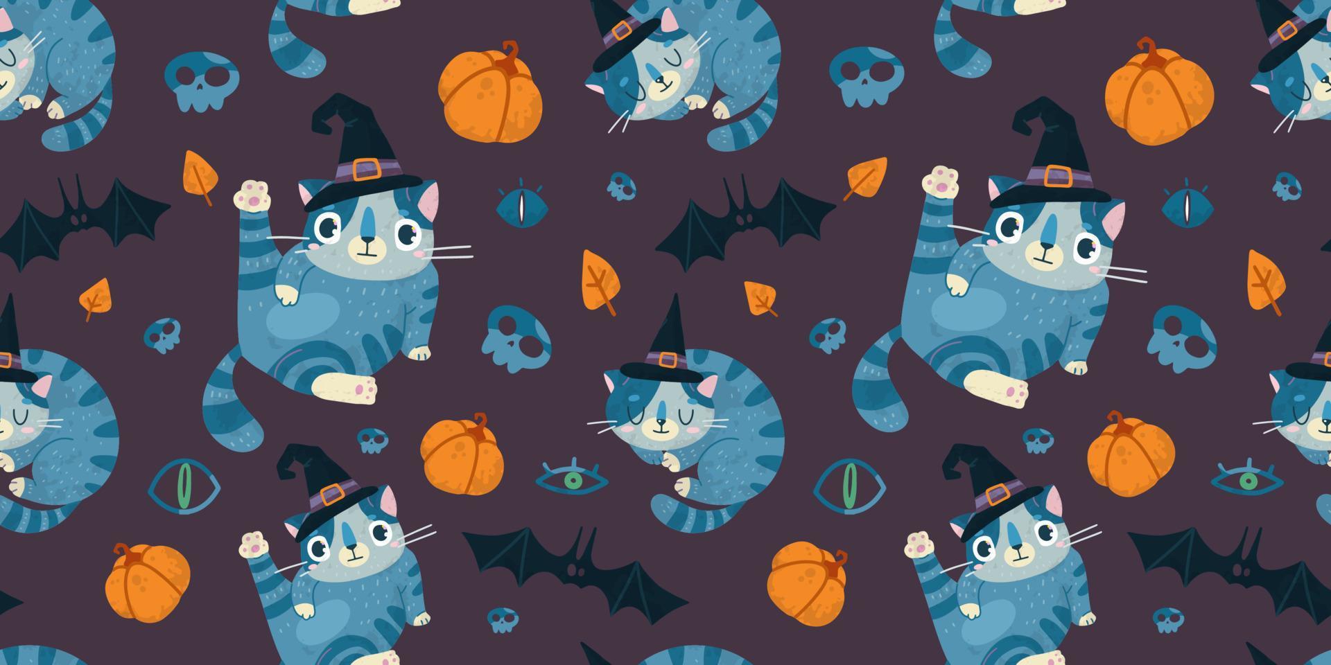helloween vetor desatado padronizar com fofa gato dentro uma bruxa chapéu, morcegos e abóbora.