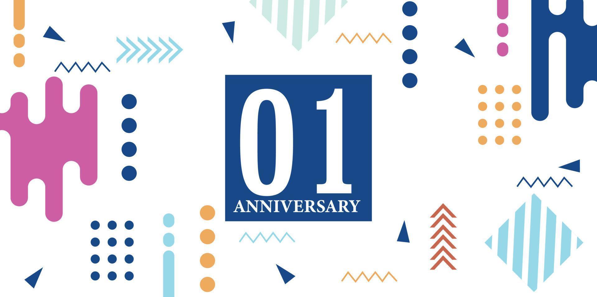 01 anos aniversário celebração logótipo branco números Fonte dentro azul forma com colorida abstrato Projeto em branco fundo vetor ilustração