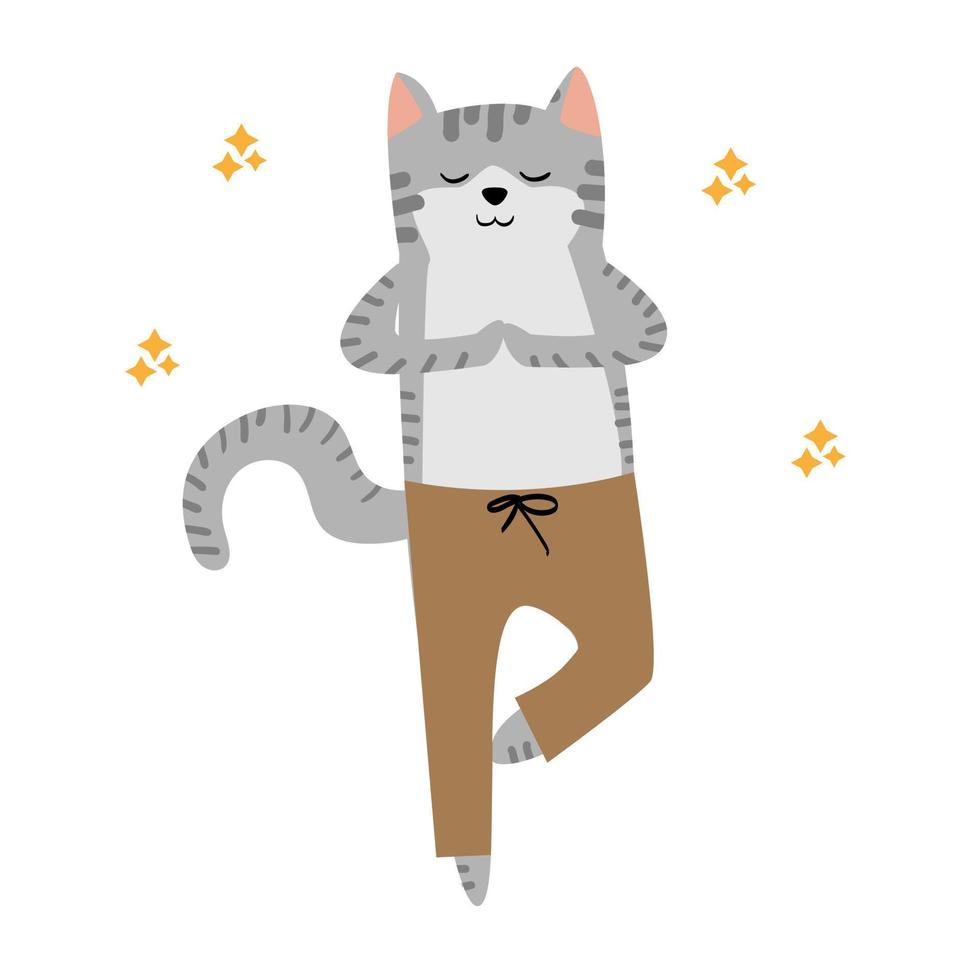 fofa cinzento gato dentro desenho animado estilo. gato fazendo ioga. ioga gato. criativo crianças ilustração com adorável gato. vetor ilustração com branco isolado fundo.