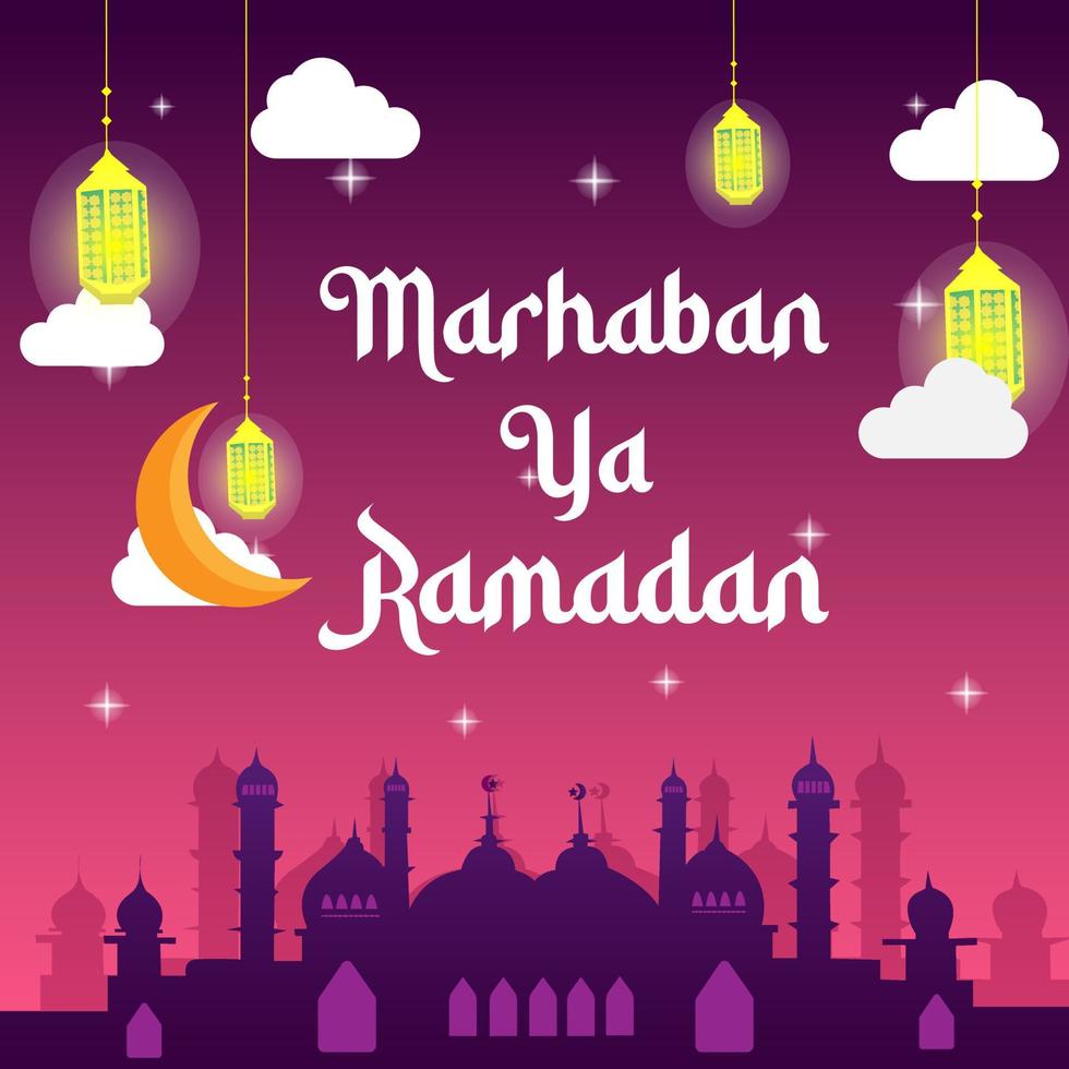 Ramadã kareem poster Projeto com mesquita enfeites e lanternas. cumprimento poster para a adoração do muçulmanos jejum Ramadã vetor