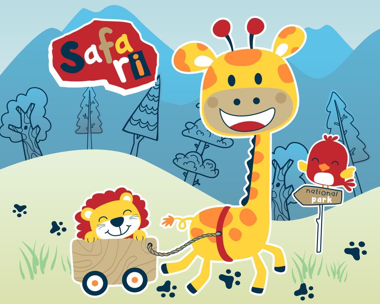 vetor ilustração do engraçado girafa puxar leão em carrinho dentro floresta, pequeno pássaro poleiro em placa de sinalização