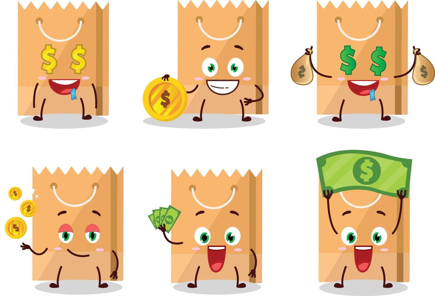 mercearia saco desenho animado personagem com fofa emoticon trazer dinheiro vetor