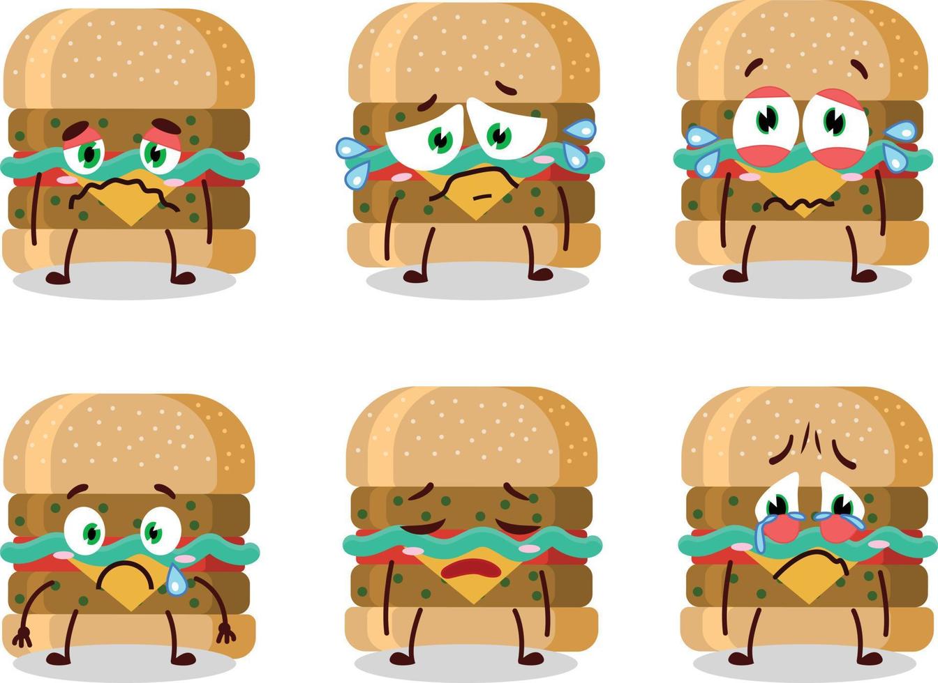 Hamburger desenho animado dentro personagem com triste expressão vetor