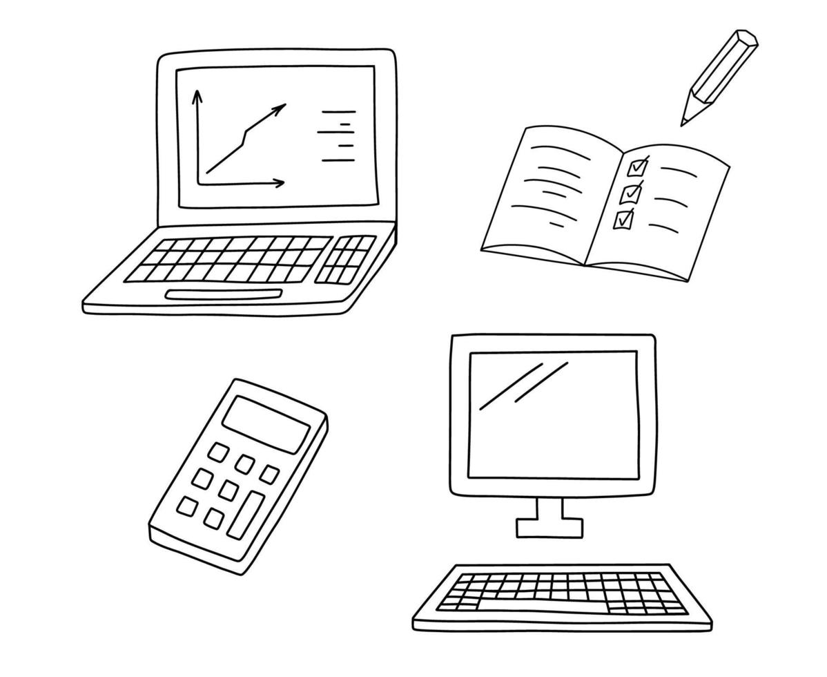 mão desenhar rabisco computador portátil com o negócio diagrama. vetor linha ilustrações computador e calculadora isolado em branco fundo