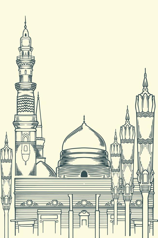 mão desenhando famoso islâmico construção do Nabawi mesquita. vetor