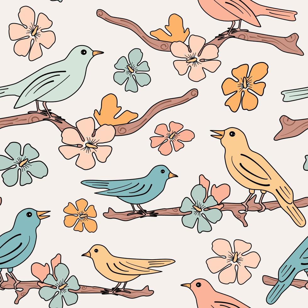 fofa romântico desatado vetor padronizar fundo ilustração com pastel colorida pássaros em árvore galhos com flores