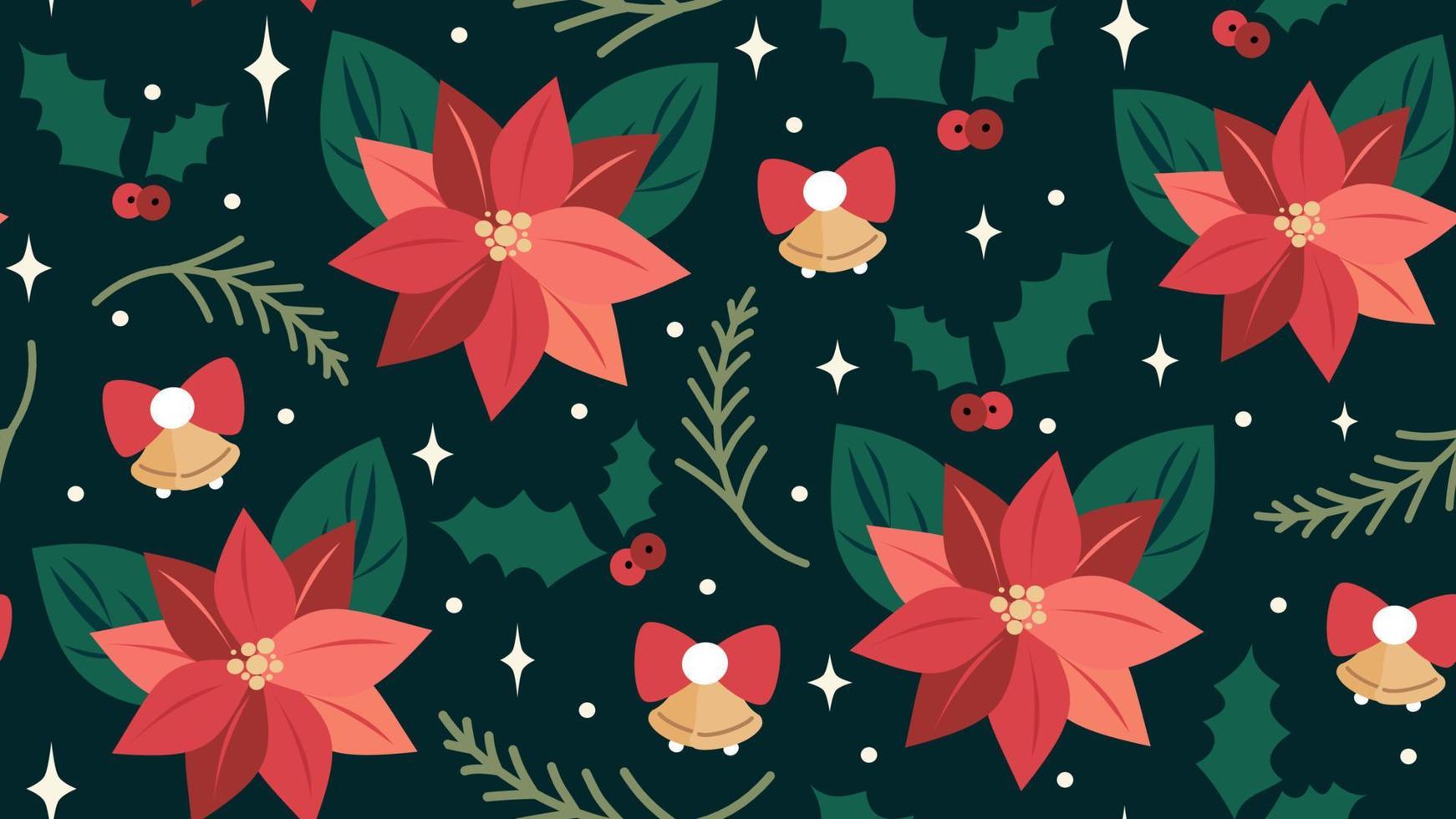 desatado vetor padronizar fundo ilustração com bagas, estrelas, Natal sinos ornamento, visco e poinsétia flores