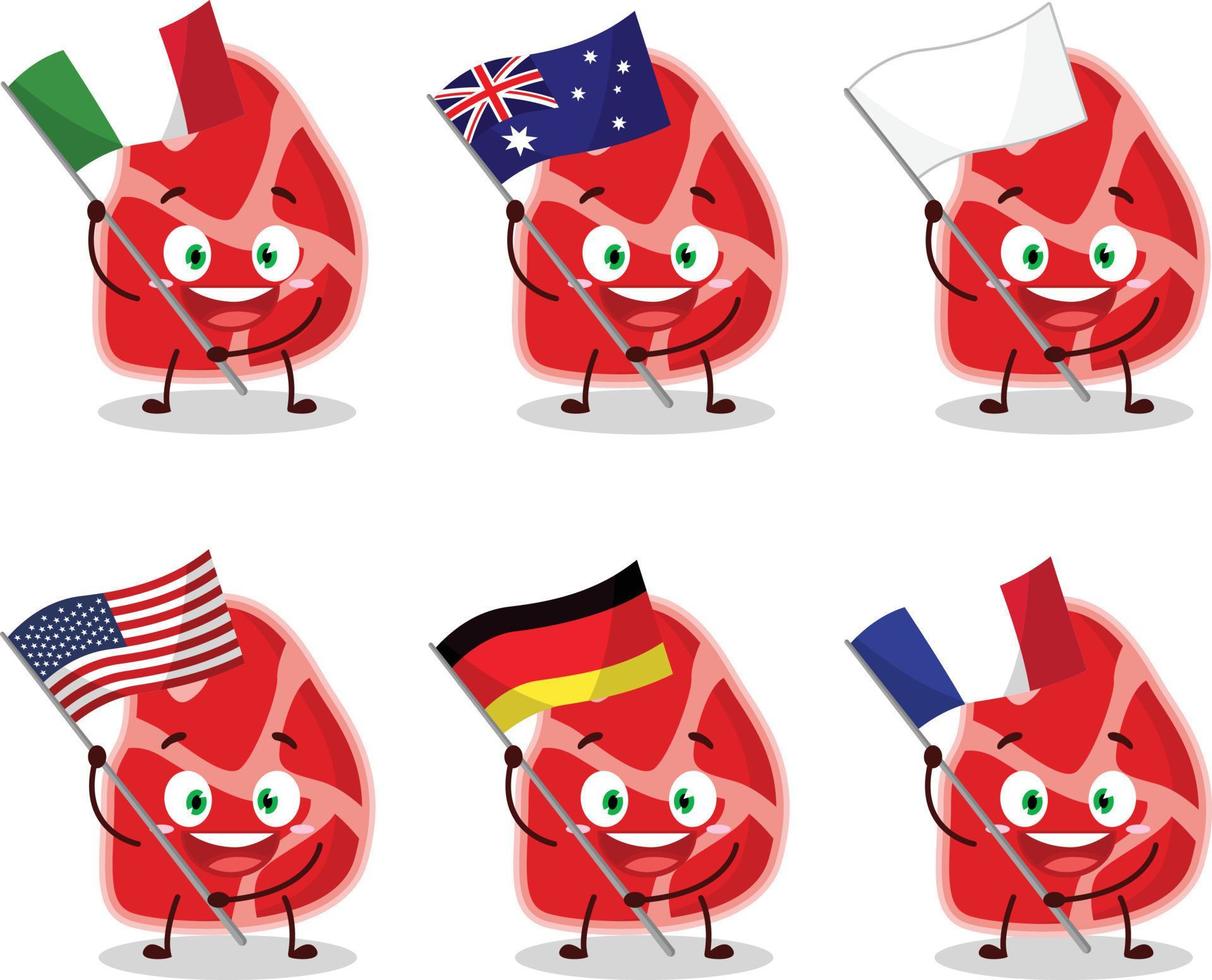 carne desenho animado personagem trazer a bandeiras do vários países vetor