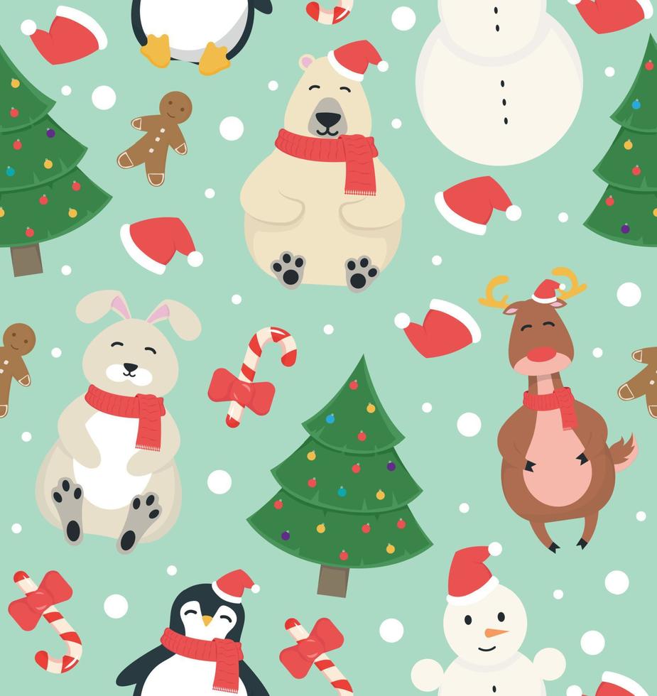 desatado Novo ano padronizar com cervo, urso, boneco de neve, pinguim, lebre, Pão de gengibre homem, Natal árvore. vetor ilustração