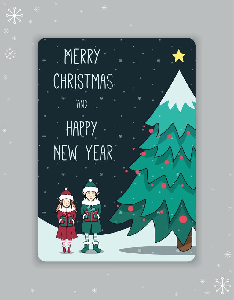 cumprimento cartão Novo ano, Natal. cartão postal com elfos e uma Natal árvore, a inscrição alegre Natal e feliz Novo ano. vetor ilustração