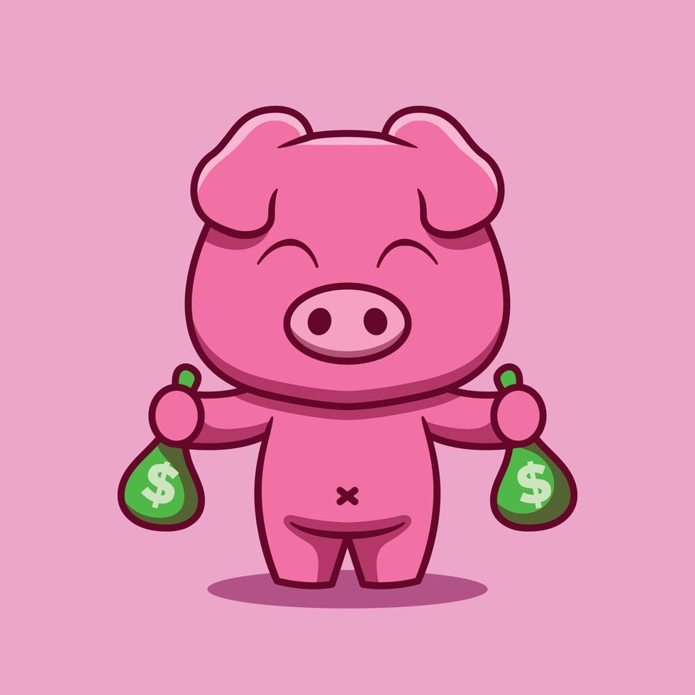 fofa porco personagem segurando dinheiro saco vetor desenho animado ilustração
