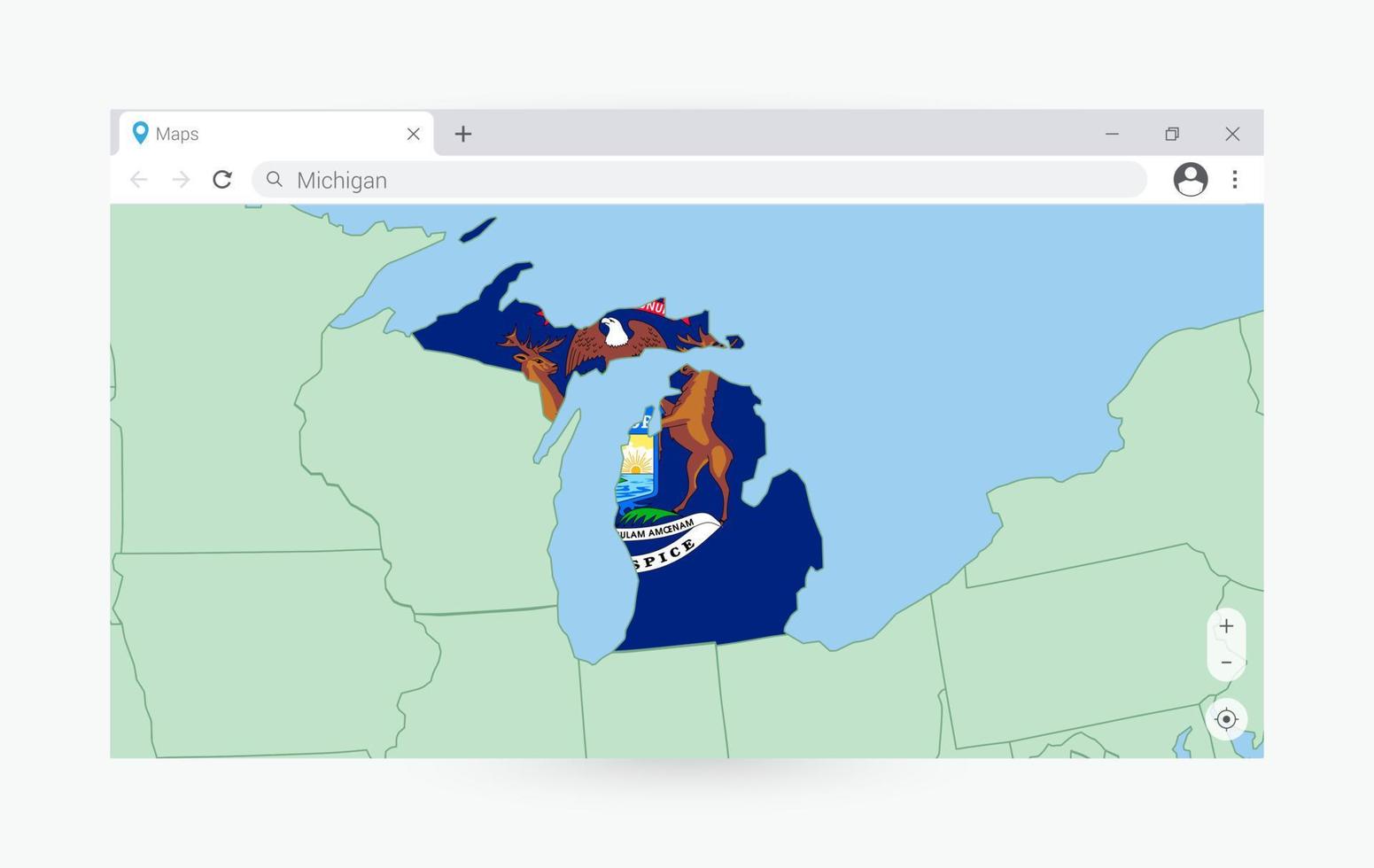 navegador janela com mapa do Michigan, procurando Michigan dentro Internet. vetor