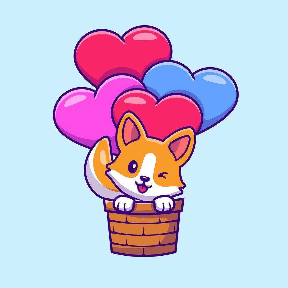 fofa corgi cachorro vôo com amor balão desenho animado vetor ícone ilustração. animal natureza ícone conceito isolado Prêmio vetor. plano desenho animado estilo