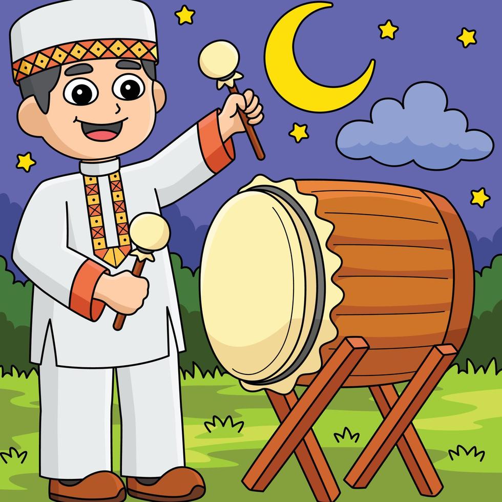 Ramadã muçulmano Garoto jogando tambor colori desenho animado vetor